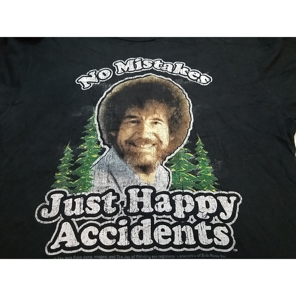 Bob Ross No Mistakes Just Happy Accidents Graphic T-Shirt Black Mens Medium